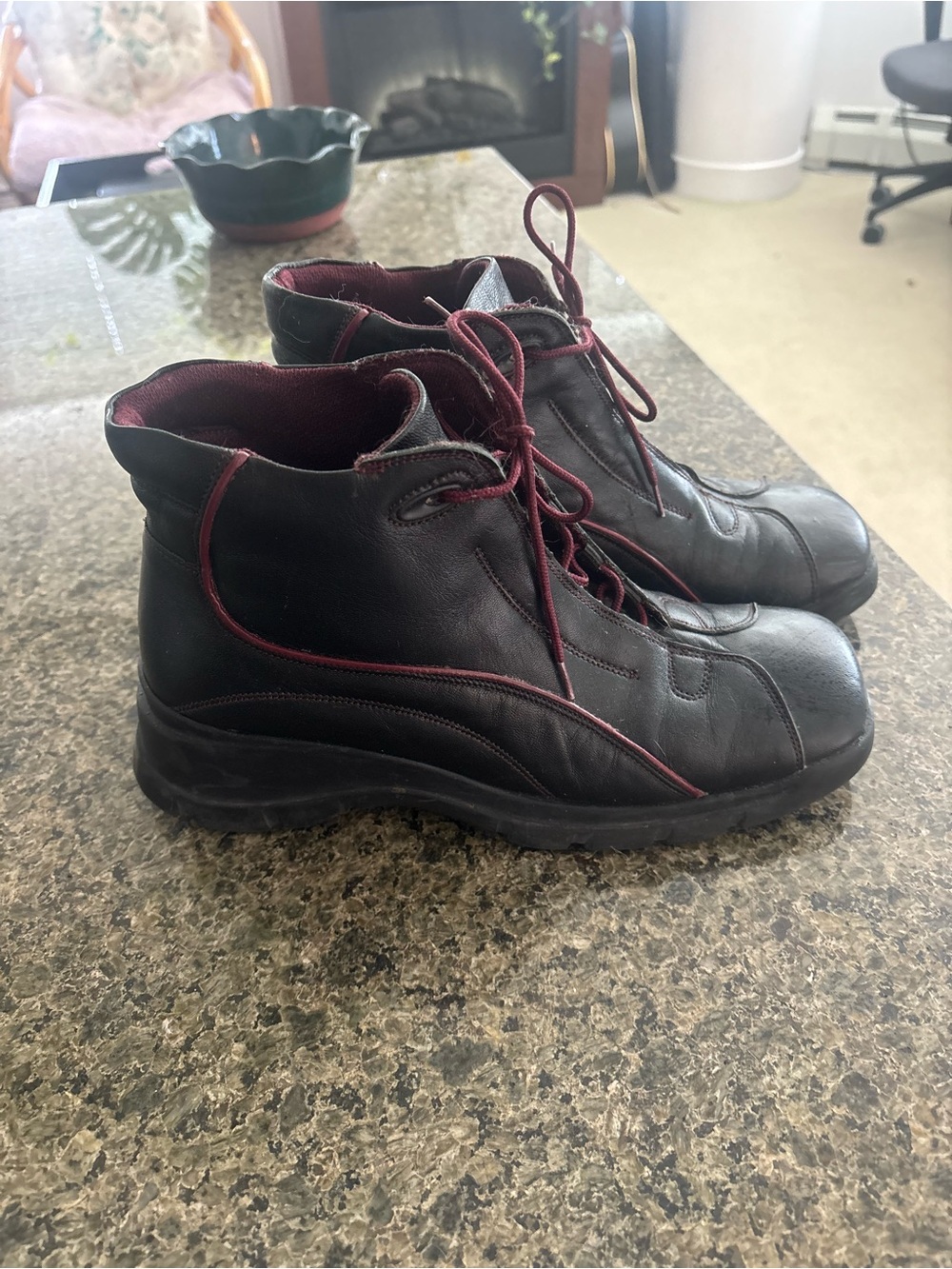 Quirky Square Women's Black Ankle Booties with Burgundy Trim and Lace-Up Closure